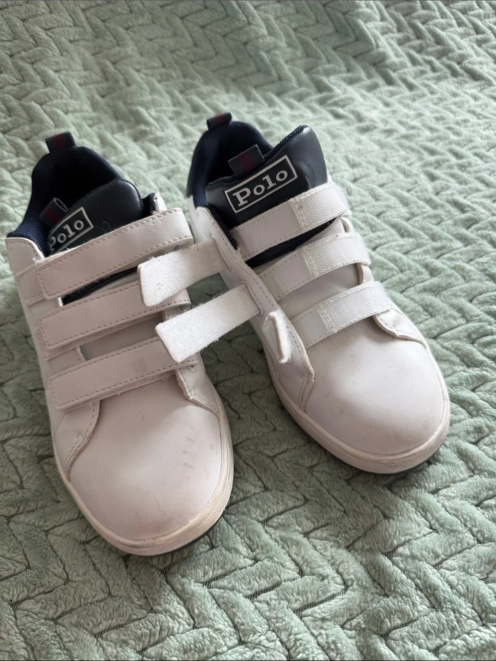 Polo by Ralph Lauren White Kids Velcro Sneakers with Navy Trim